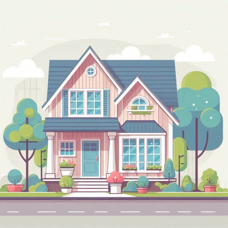 House on the street. Vector illustration in a flat style. Cartoon style.のイラスト素材