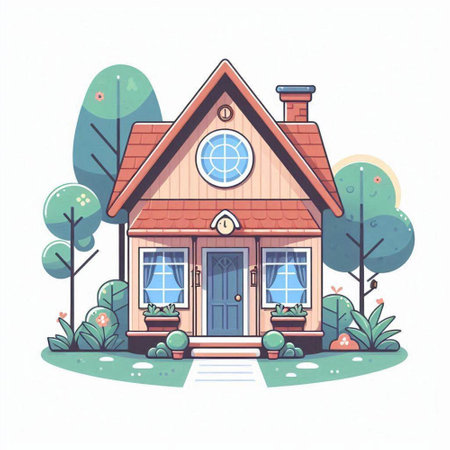 Cottage in the park. Vector illustration in a flat style.のイラスト素材