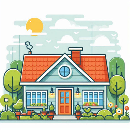 Vector illustration of a beautiful house in the countryside. Flat style.のイラスト素材
