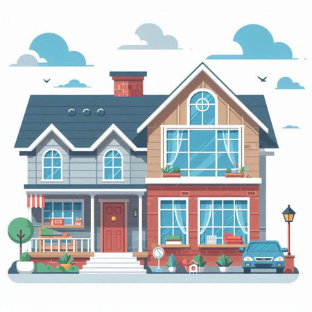 Vector illustration of a modern cozy house in a flat style on a white background.のイラスト素材