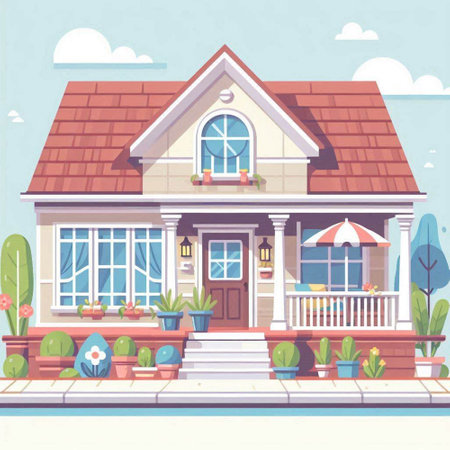 Vector cartoon style illustration of old house on the street with flowerpots.のイラスト素材