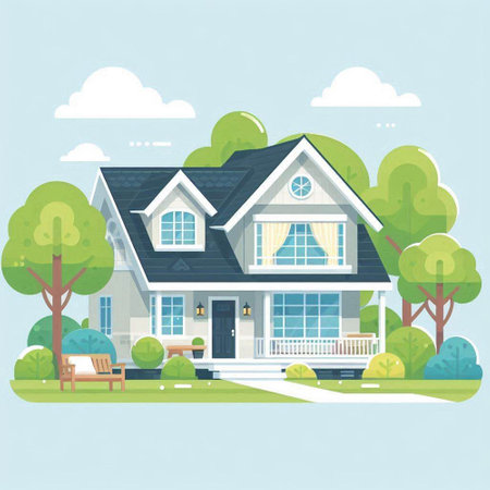 Vector illustration of modern house in flat style with trees and lawn.のイラスト素材