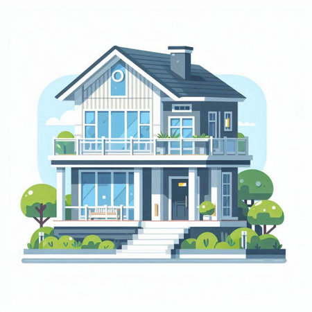 Vector illustration of a modern house in a flat style on a white background.のイラスト素材