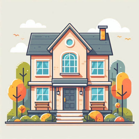House in the autumn park. Vector illustration in flat design style.のイラスト素材