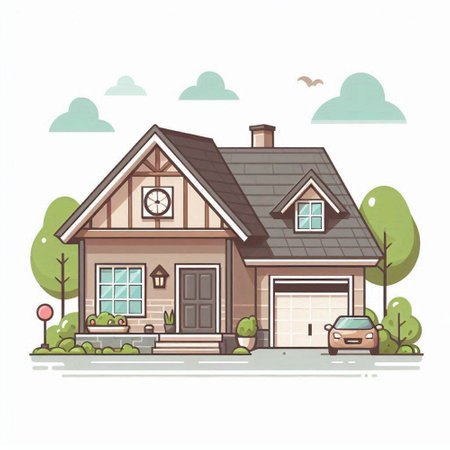 Vector illustration of a private house in the countryside. House with a garage.のイラスト素材
