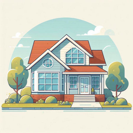 Vector illustration of house in flat style. House on the background of the landscape.のイラスト素材