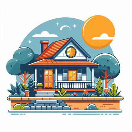 Vector illustration of house on the background of nature. Flat style.のイラスト素材