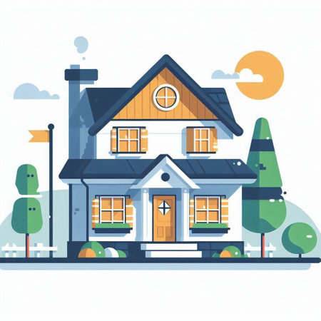 Vector illustration of a house in the village. Flat style design.のイラスト素材
