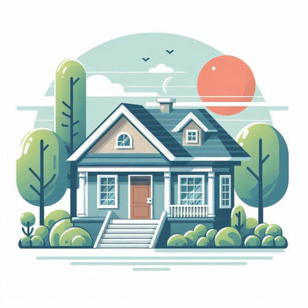 Vector illustration of a house on a background of nature. Flat style.のイラスト素材