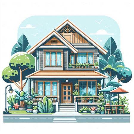 Vector illustration of a private house in the tropics. Cartoon style.のイラスト素材