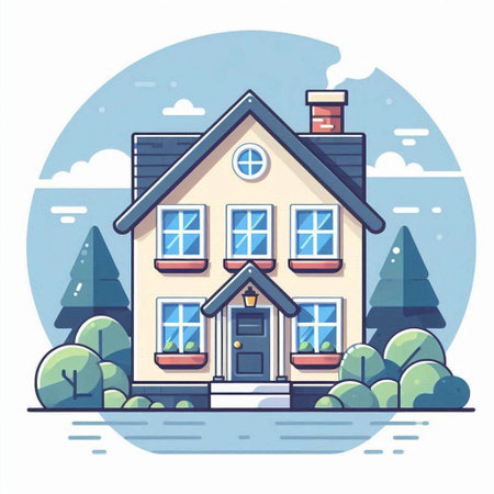 Vector illustration of a house in a flat style on a background of natureのイラスト素材