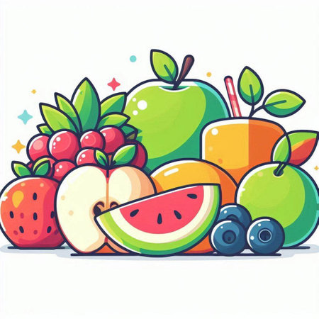 Fruits and berries. Vector cartoon illustration. Objects isolated on white background.のイラスト素材