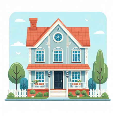 Vector illustration of a beautiful house on a white background. House in cartoon style.のイラスト素材