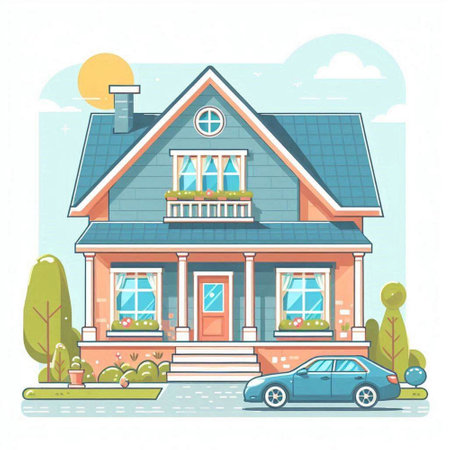 House in the countryside. Vector illustration in flat style. Cartoon style.のイラスト素材