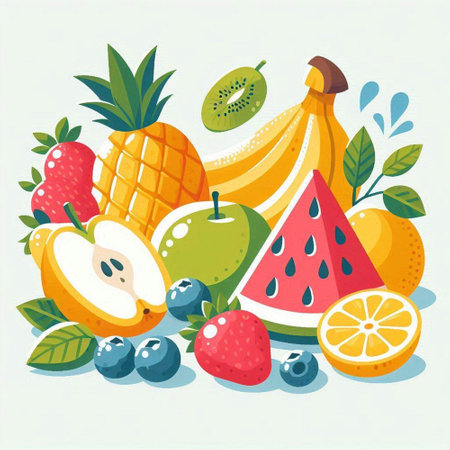 Fruits and berries. Vector illustration in flat style on white background.のイラスト素材