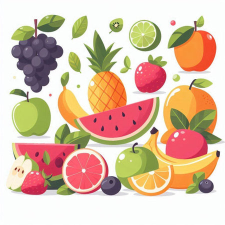 Fruits and berries vector illustration in flat style. Healthy food.のイラスト素材