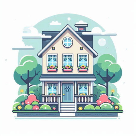 Vector illustration of a cozy house on the street in the spring.のイラスト素材