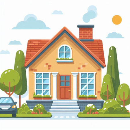 Vector cartoon style illustration of a private house with a garage, lawn and plants.のイラスト素材