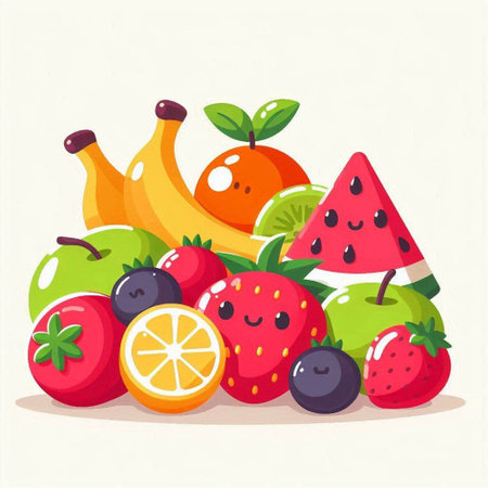 Fruit and berry vector illustration in cartoon flat style. Juicy, juicy, ripe fruit.のイラスト素材