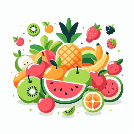 Fruits and berries vector illustration. Healthy food concept. Flat style.のイラスト素材