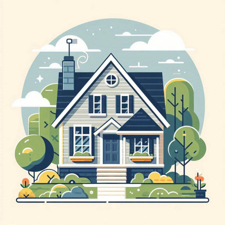 Cottage in the park. Vector illustration in flat design style.のイラスト素材