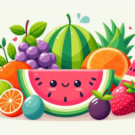 Funny cartoon watermelon with fruits and berries. Vector illustration.のイラスト素材