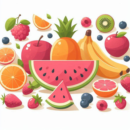 Fruits and berries background. Vector illustration in cartoon style. Healthy food.のイラスト素材