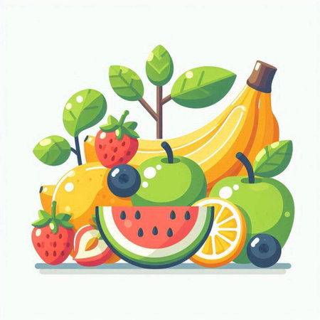 Fruits and berries flat vector illustration. Healthy lifestyle, diet and nutrition concept.のイラスト素材