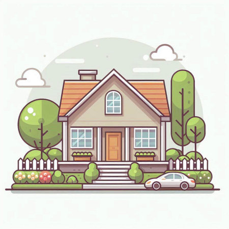 Vector illustration of a house on the background of nature. Flat style.のイラスト素材