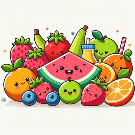 Funny cartoon fruits. Vector illustration with watermelon, strawberry, pineapple, orange, kiwi, watermelon.のイラスト素材