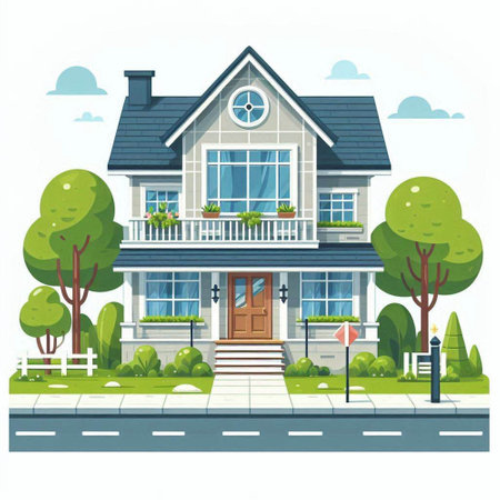 House exterior. Vector illustration in flat style. House front view.のイラスト素材