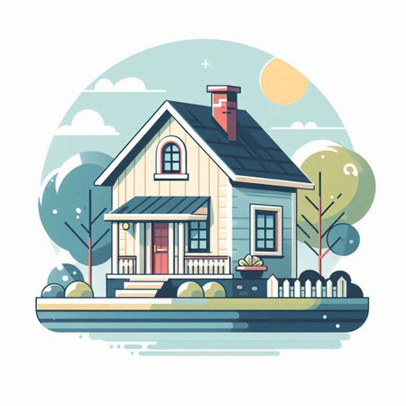 House on the background of nature. Vector illustration in flat style.のイラスト素材