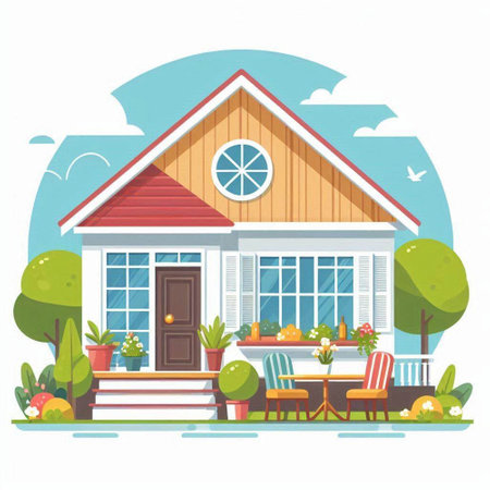 Vector illustration of a cozy house in the garden. Cartoon style.のイラスト素材