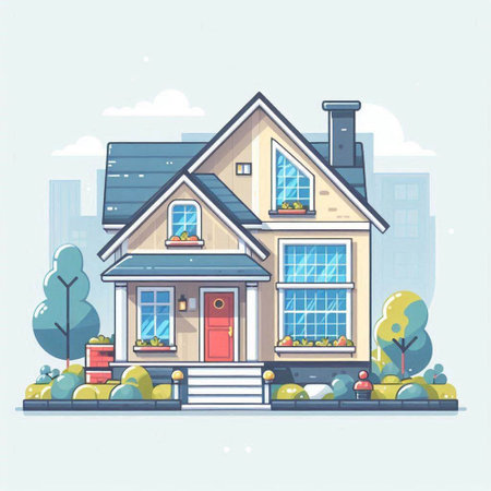 Vector illustration of a house on the street. Flat style design.のイラスト素材