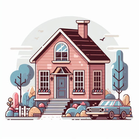 Vector cartoon illustration of a country house with a car on the road.のイラスト素材
