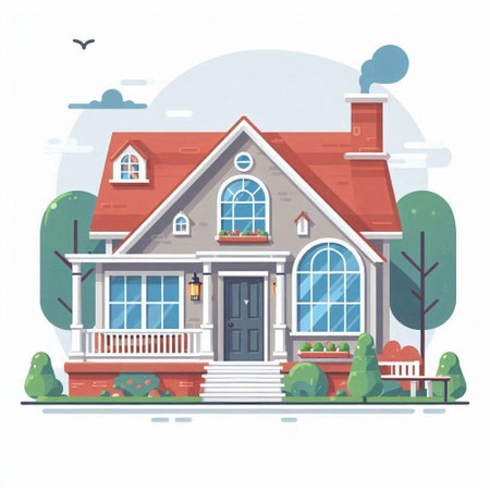 House in the countryside. Vector illustration in flat cartoon style. House on the street.のイラスト素材