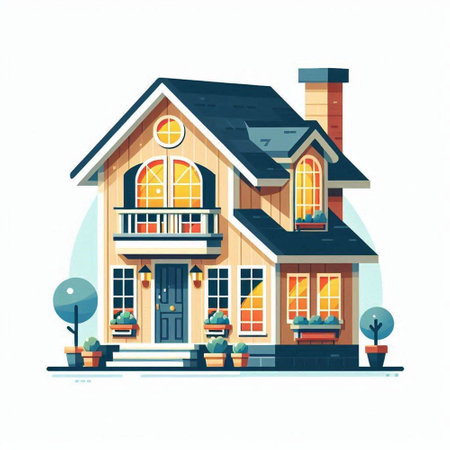 House with windows and door. Vector illustration in flat cartoon style.のイラスト素材