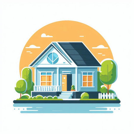 House on the background of the summer landscape. Vector illustration in flat style.のイラスト素材