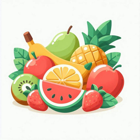 Fruits flat vector illustration isolated on white background. Fruits in cartoon style.のイラスト素材