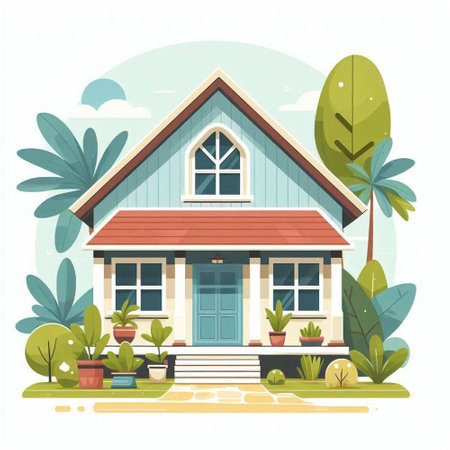 House in the garden. Vector illustration in flat style on white background.のイラスト素材