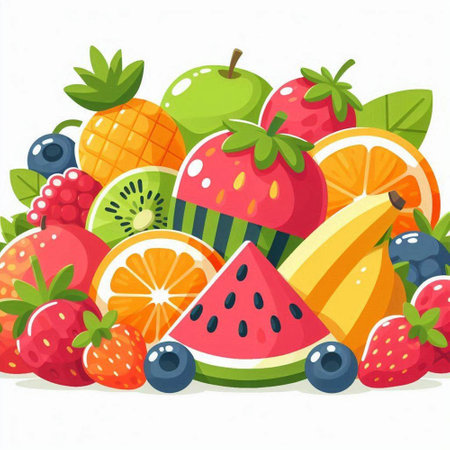 Fruits and berries vector illustration. Strawberry, strawberry, blueberry, orange, watermelon, banana, watermelon, lemon, orange, strawberry, pineapple, kiwi.のイラスト素材