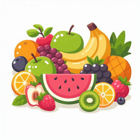 Fruits and berries on white background. Vector illustration in flat style.のイラスト素材