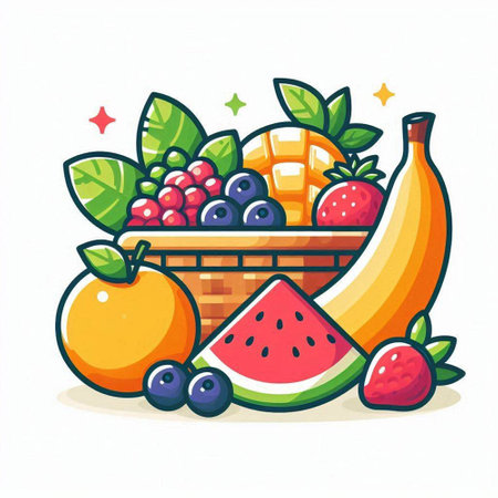 Fruits and berries in a wicker basket. Vector illustration.のイラスト素材