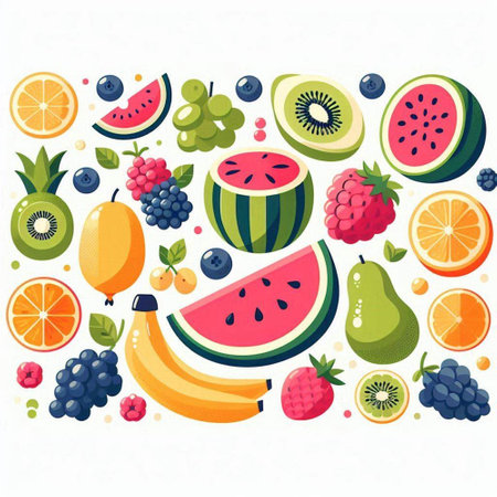 Fruits and berries. Vector illustration in flat style. Healthy food concept.のイラスト素材