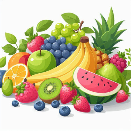 Fruits and berries vector illustration. Cartoon fruits and berries background.のイラスト素材