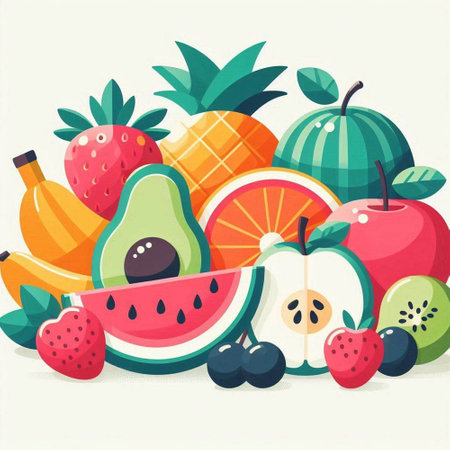 Fruits and berries vector illustration. Healthy food, flat style.のイラスト素材