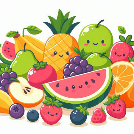 Fruits and berries in cartoon style. Vector illustration for your designのイラスト素材