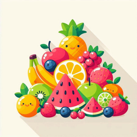 Fruits and berries flat vector illustration. Healthy food concept. Colorful cartoon design.のイラスト素材