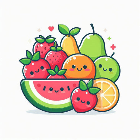 Fruit character with watermelon, pear, strawberry, orange, kiwi, pear. Vector illustration.のイラスト素材