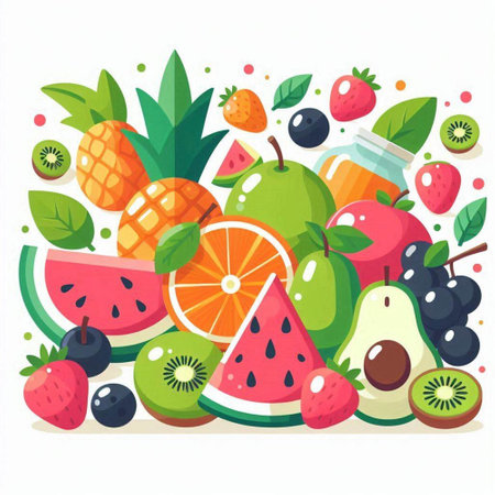 Fruits and berries flat vector illustration. Fresh organic healthy food concept.のイラスト素材
